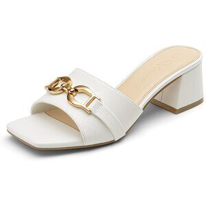 Women's White Raffia Heeled Sandals Square Open Toe Slip On Mules Chunky Heels